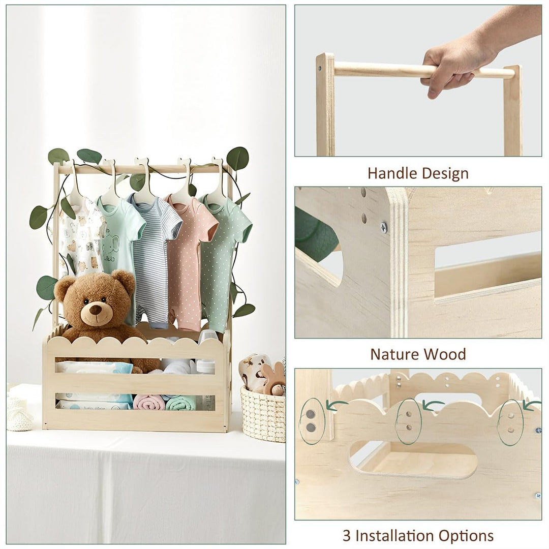 Personalisiertes Babyparty Geschenk aus Holz mit Bügeln & Efeu - Willkommens-Korb mit Wellenrand-Des