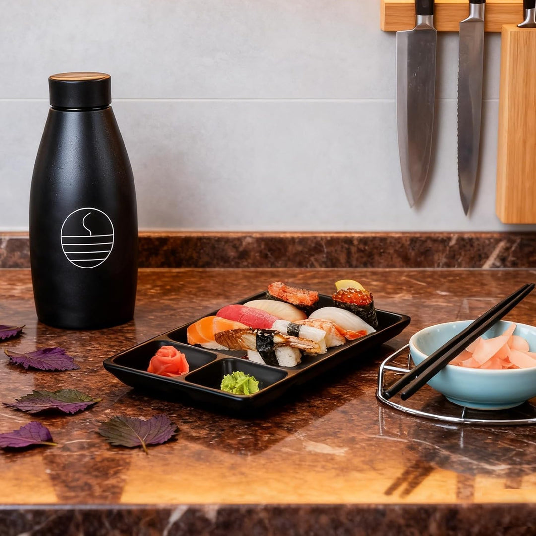 16-tlg. Japanisches Sushi Set Schwarz - Japanese Geschirr aus Melamin Enthält 4 Parr Sushi Stäbchen,