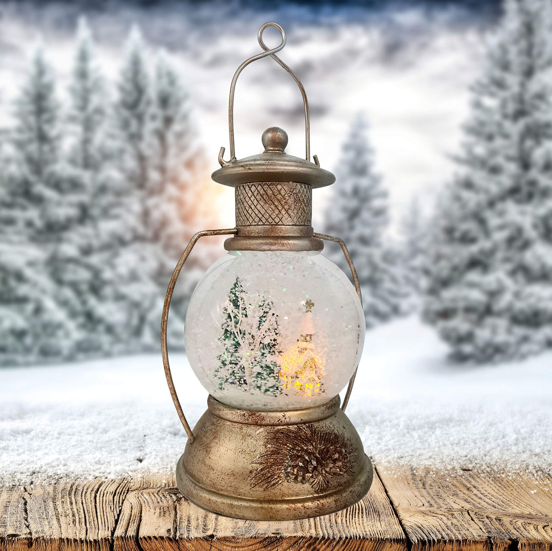 XL LED Schneekugel Weihnachten Laterne viele Melodien Glitzerkugel Winterwald Vintage