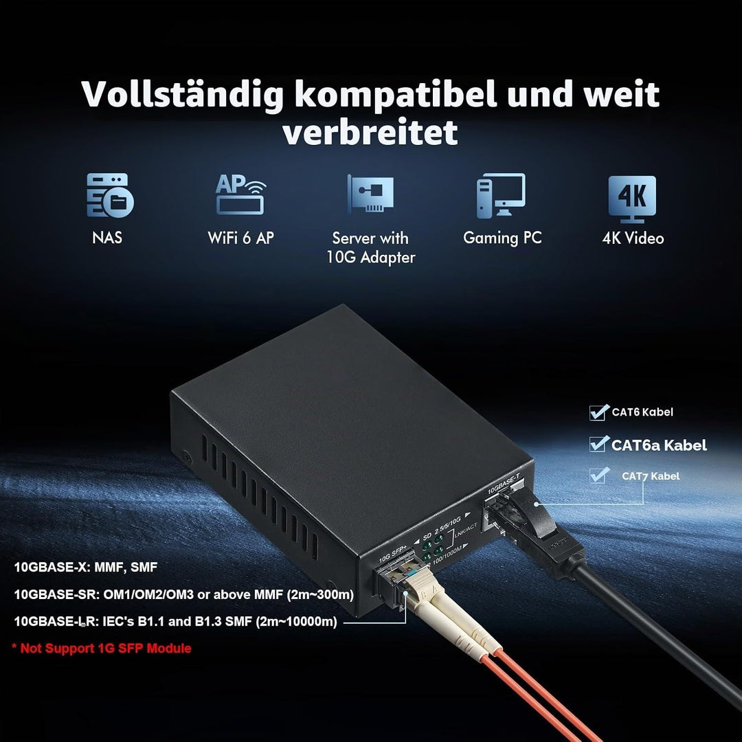 Binardat 10G Fiber Media Coverter, 2 Port 10 Gigabit Ethernet Switch, 1 x 10G RJ45 Port, 1 x 10G SFP