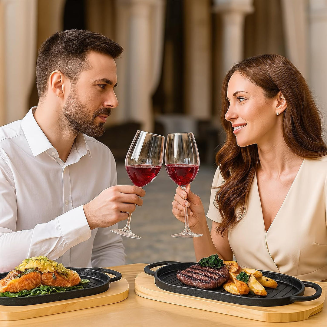 2er-Set Gusseisen Servierpfannen mit Holzuntersetzer & abnehmbarem Griff – Ovaler Sizzling Steak-Pla