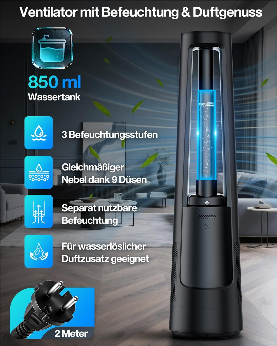 4-in-1 Leiser Turmventilator mit Wasserkühlung, Luftreiniger & Beduften, Standventilator mit Befeuch