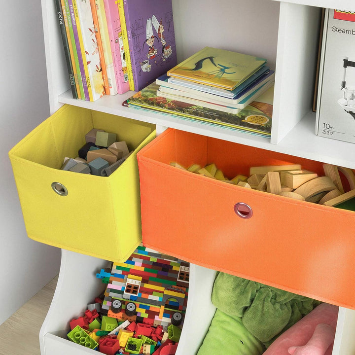SoBuy KMB26-W Kinder Bücherregal Kinderregal mit 5 Ablagefächern und 3 Stoffboxen Spielzeugregal Auf