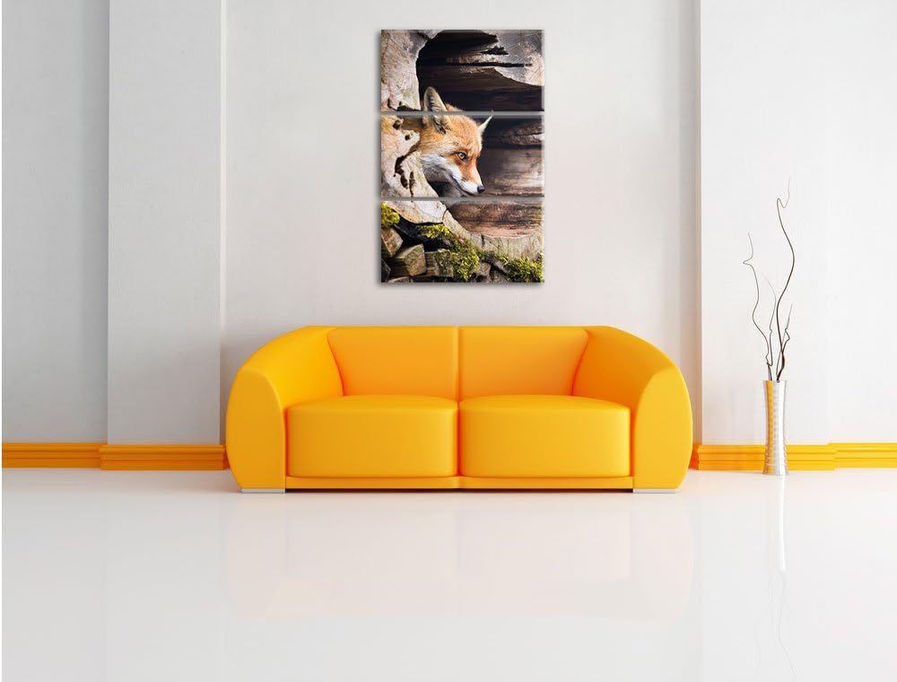 Pixxprint Fuchs im Baumstamm als Leinwandbild/Grösse: 3 Teilig (120x80) cm/Wandbild/Kunstdruck/ferti