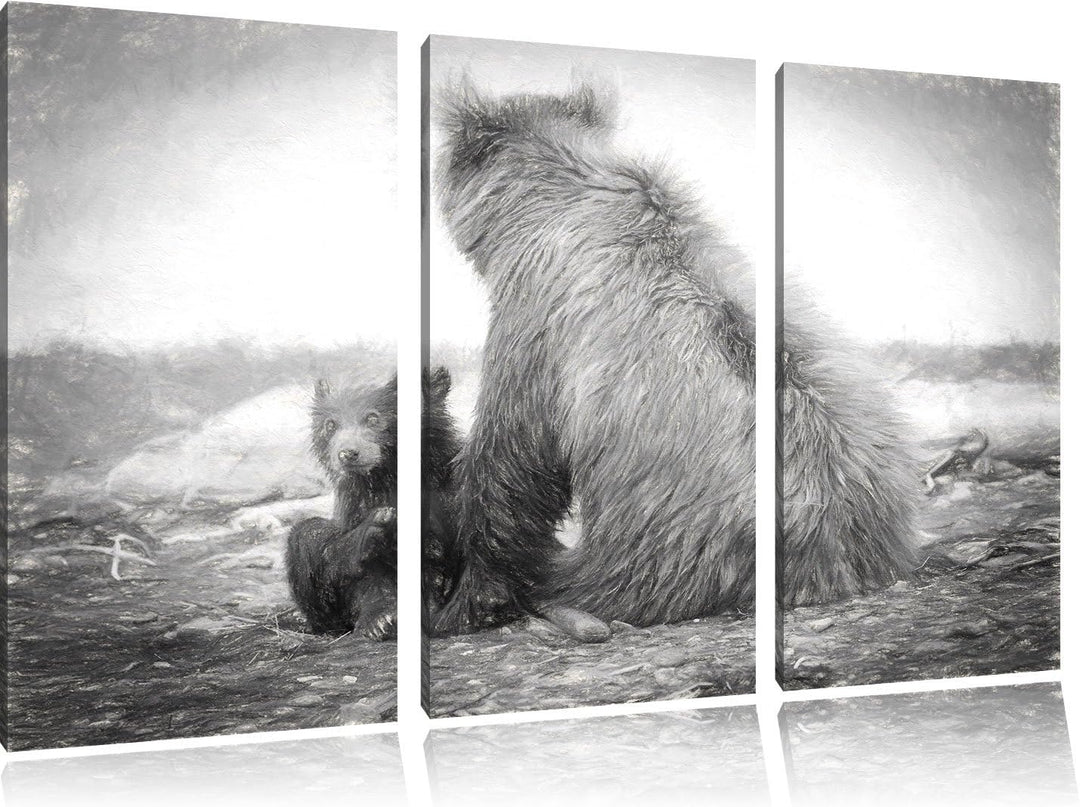 Pixxprint Bär mit Baby nach dem Baden Kunst Kohle Effekt 3-Teiler Leinwandbild 120x80 Bild auf Leinw
