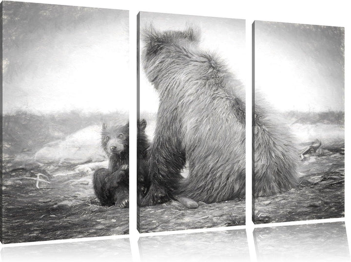 Pixxprint Bär mit Baby nach dem Baden Kunst Kohle Effekt 3-Teiler Leinwandbild 120x80 Bild auf Leinw