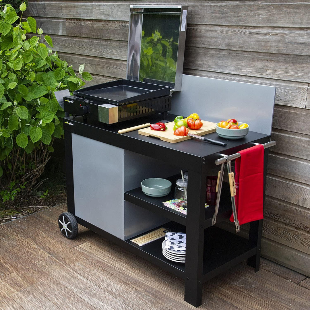Cook'in garden Schwarzes Stahlgestell NOVA für Plancha. Outdoor-Abstelltisch mit Rollen für Plancha