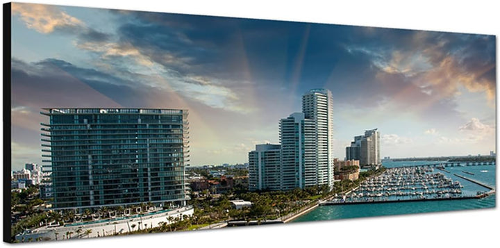 Paul Sinus Art Panoramabild auf Leinwand und Keilrahmen 150x50cm Miami Hochhäuser Hafen Meer Boote W