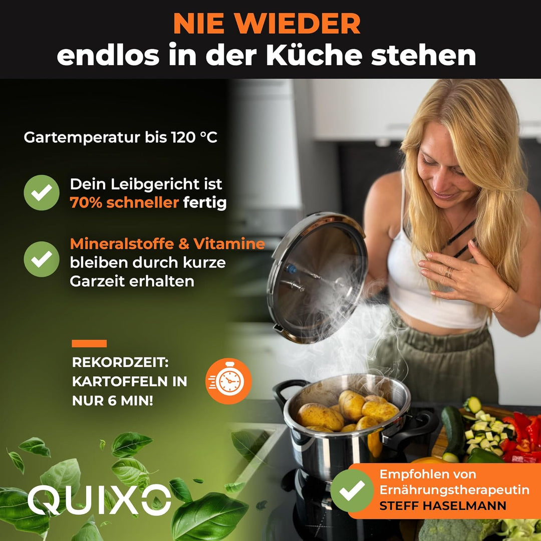 QUIXO Schnellkochtopf 4l VitaSmart mit 𝐊𝐨𝐜𝐡𝐳𝐞𝐢𝐭𝐬𝐢𝐠𝐧𝐚𝐥 für alle Herdarten [diesen Monat inkl. 𝐆𝐫𝐚𝐭𝐢𝐬