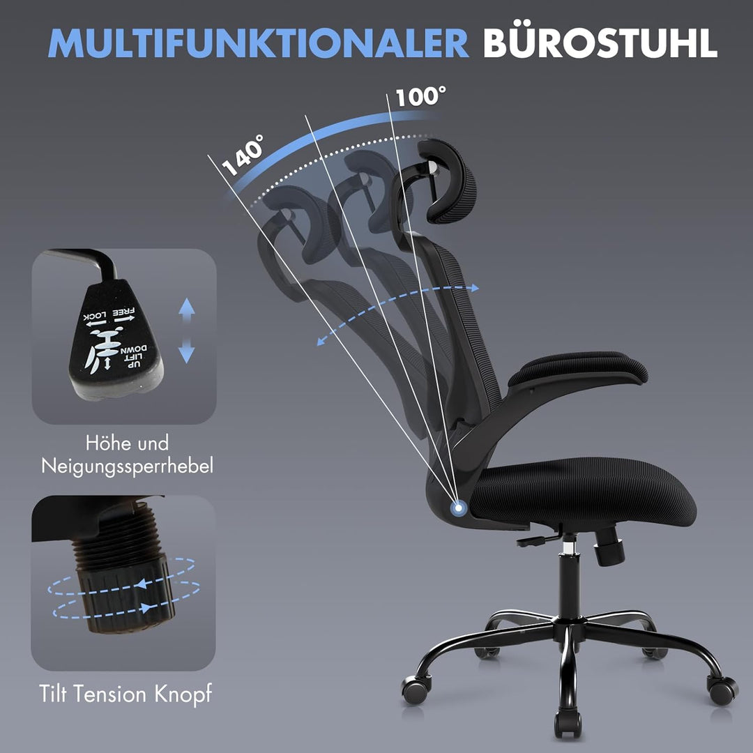 COLAMY Bürostuhl Ergonomisch, Netz-Schreibtischstuhl mit Verstellbarer Kopfstütze, Chefsessel Office