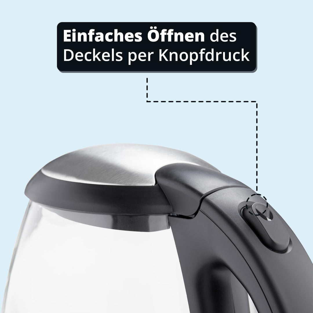 KHG Wasserkocher WK-121GES Glas LED, 1,2 Liter, abwaschbarer Kalkfilter, Wasserstandsanzeige, Öffnen