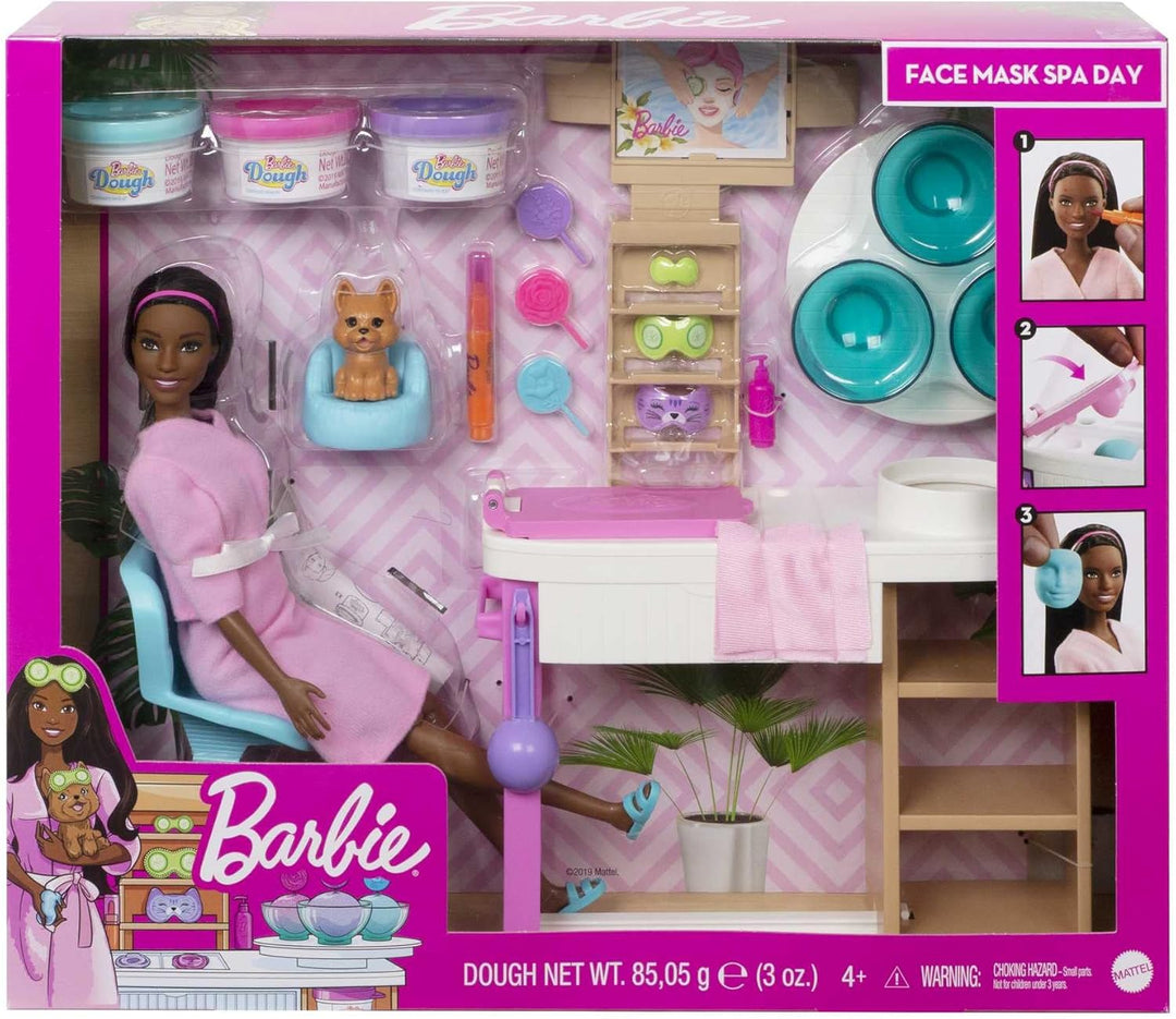 Barbie GJR85 Wellness Gesichtsmasken Spielset, brünette Puppe, Hündchen, Formen und Knete Brünett Si
