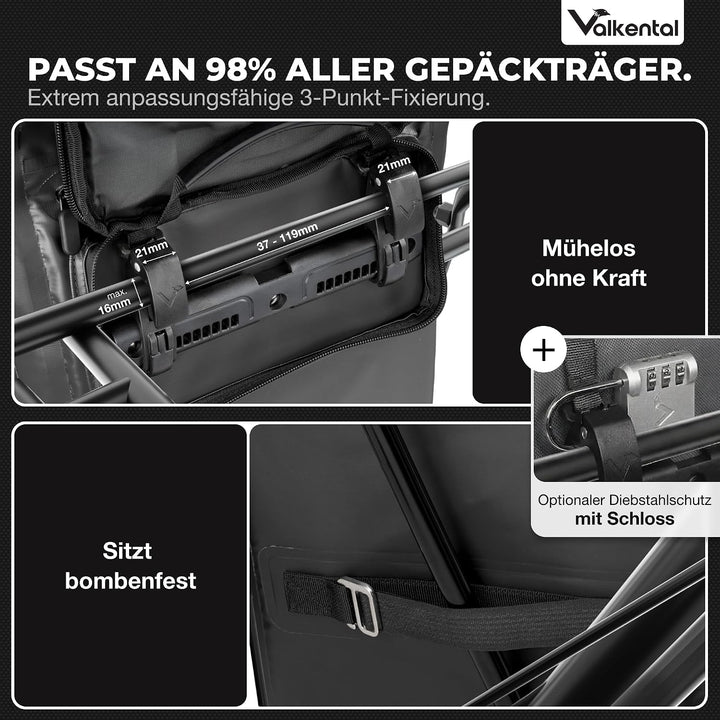 Valkental - 3in1 Fahrradtasche - Geeignet als Gepäckträgertasche, Rucksack und Umhängetasche - Wasse