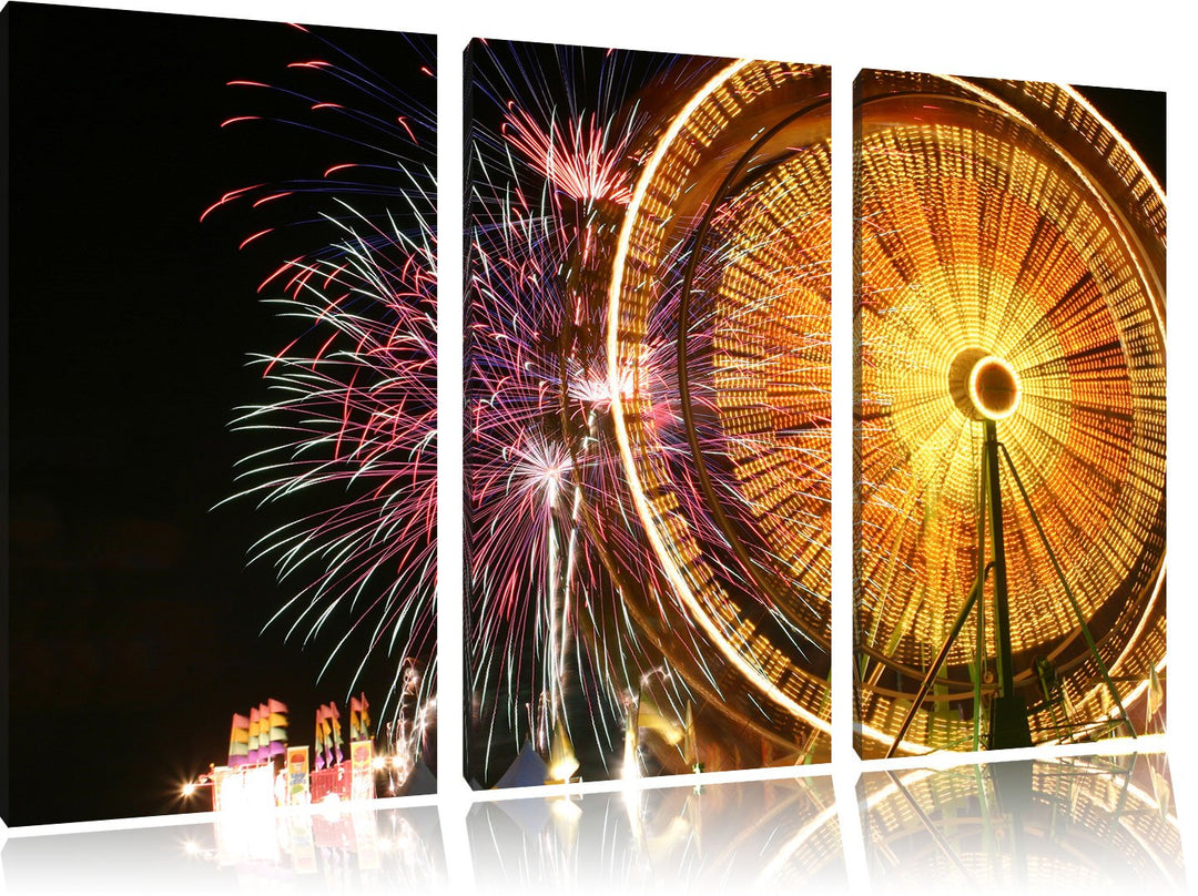 Pixxprint Jahrmarkt mit Feuerwerk als Leinwandbild/Grösse: 3 Teilig (120x80) cm/Wandbild/Kunstdruck/