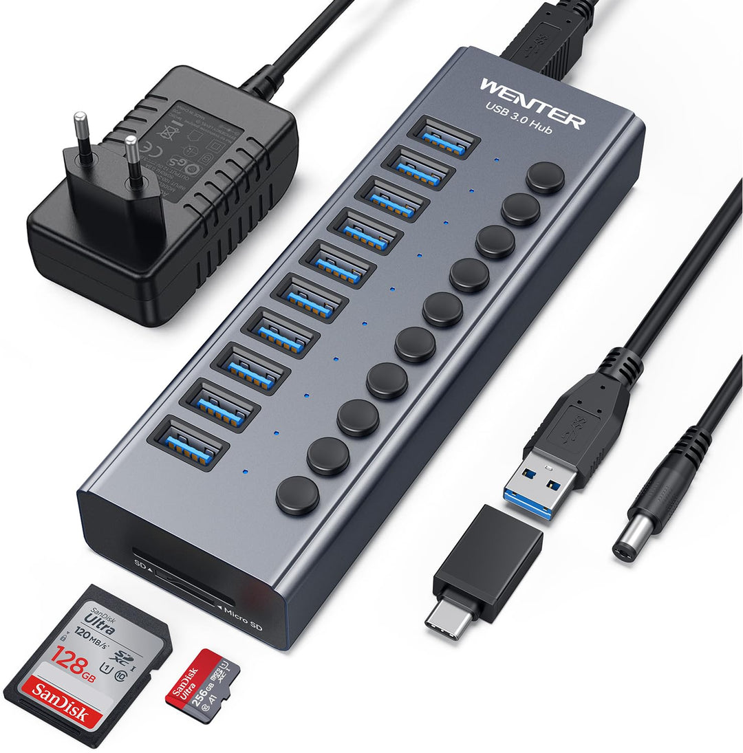 Powered USB 3.0 Hub, Wenter 10 Ports 36W USB Hub Aktiv, Aluminium USB Splitter mit individuellen EIN