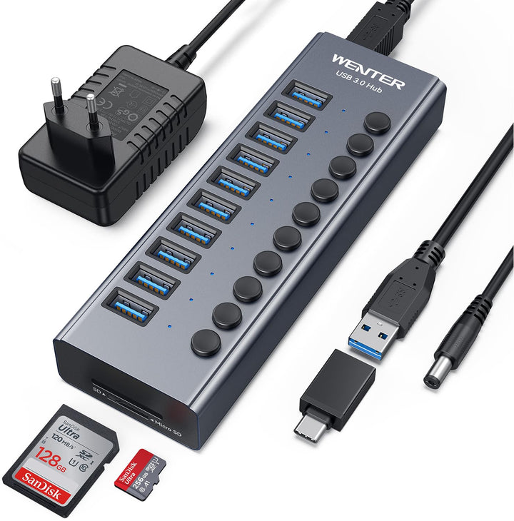 Powered USB 3.0 Hub, Wenter 10 Ports 36W USB Hub Aktiv, Aluminium USB Splitter mit individuellen EIN