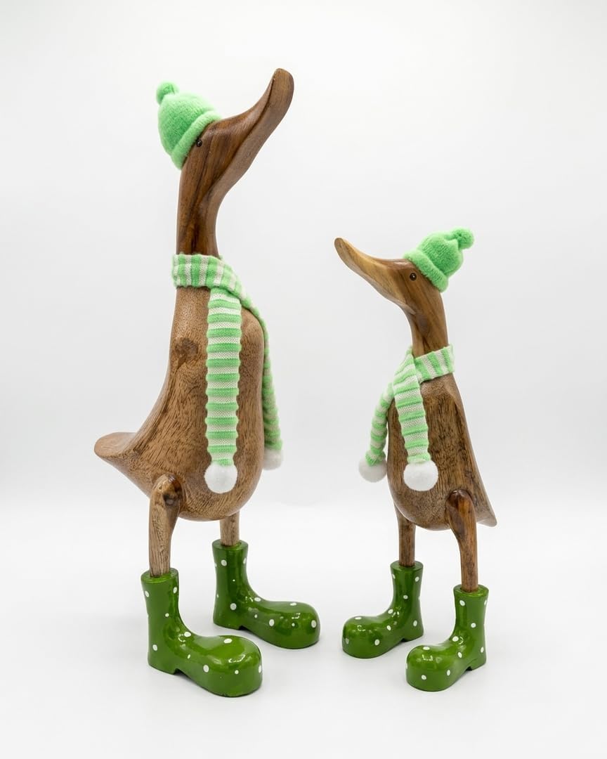 Kinaree Deko Ente Holz mit Schal - handbemalte Bambus Laufente, Dekofigur Holzfigur für Wohnzimmer,