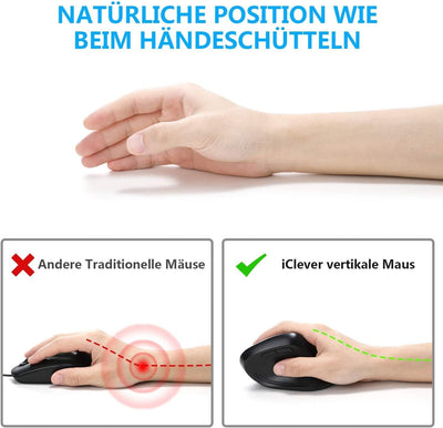 iClever Ergonomische Maus Kabellos, 2.4G Wireless Vertikale Maus Ergonomisch mit 6 Tasten,1000/1600/