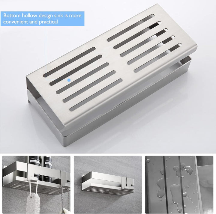 Duschablage Ohne Bohren, Duschregal Wandmontage Selbstklebend Edelstahl, Duschkorb mit 2 Haken, Geei