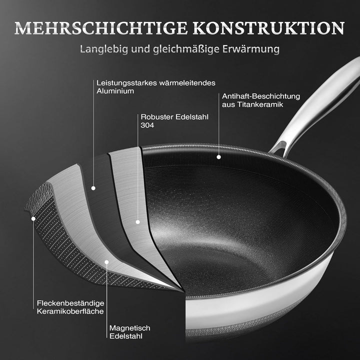 KOKHUB 30 cm Antihaft-Wok mit Deckel, Titan-Keramik-Edelstahl-Wokpfanne, grosse Kapazität für 3-5 Pe