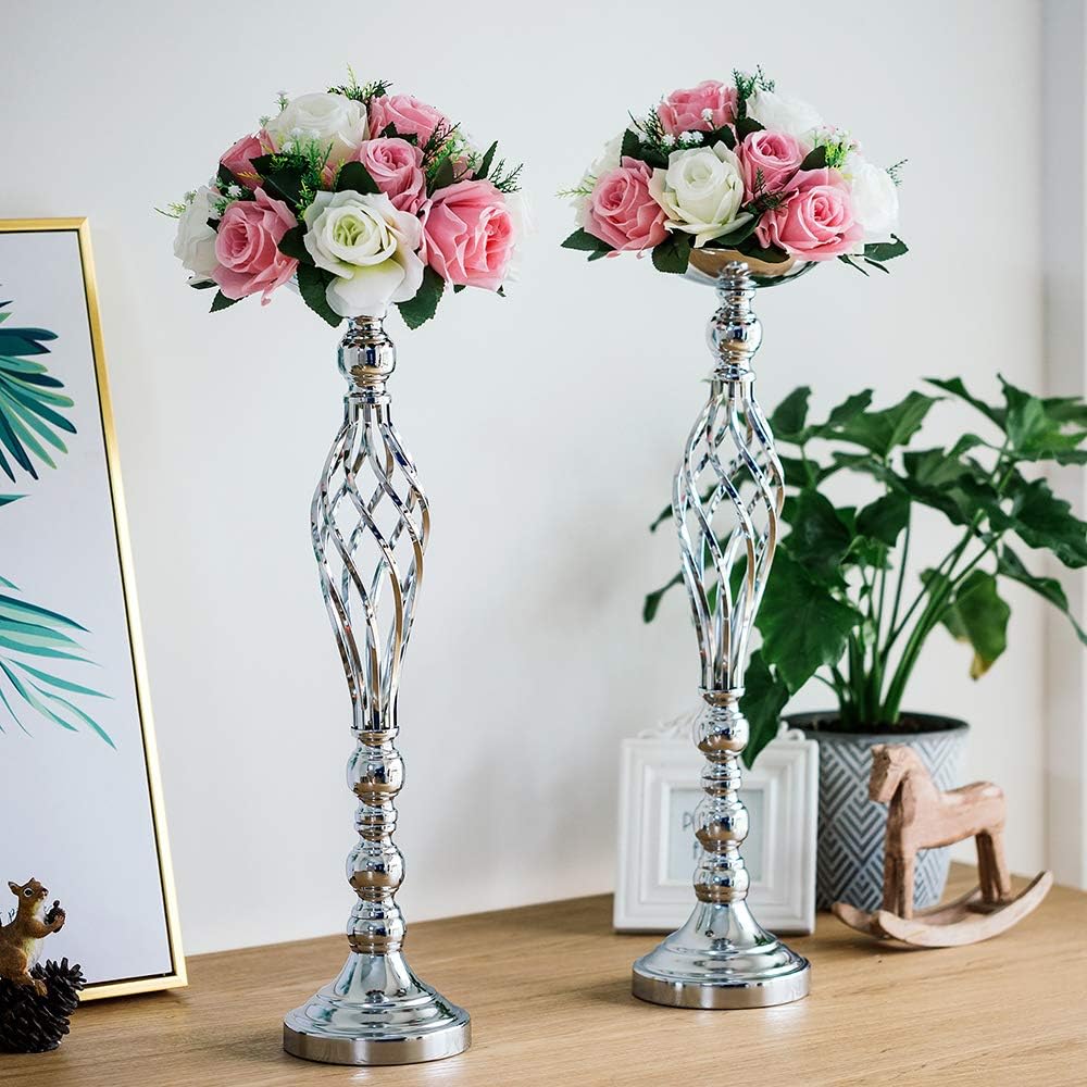 NUPTIO Satz von 2 Vielseitigen Silber Blumen Arrangement Ständer 59cm Höhe & Stumpen Kerzenhalter Se