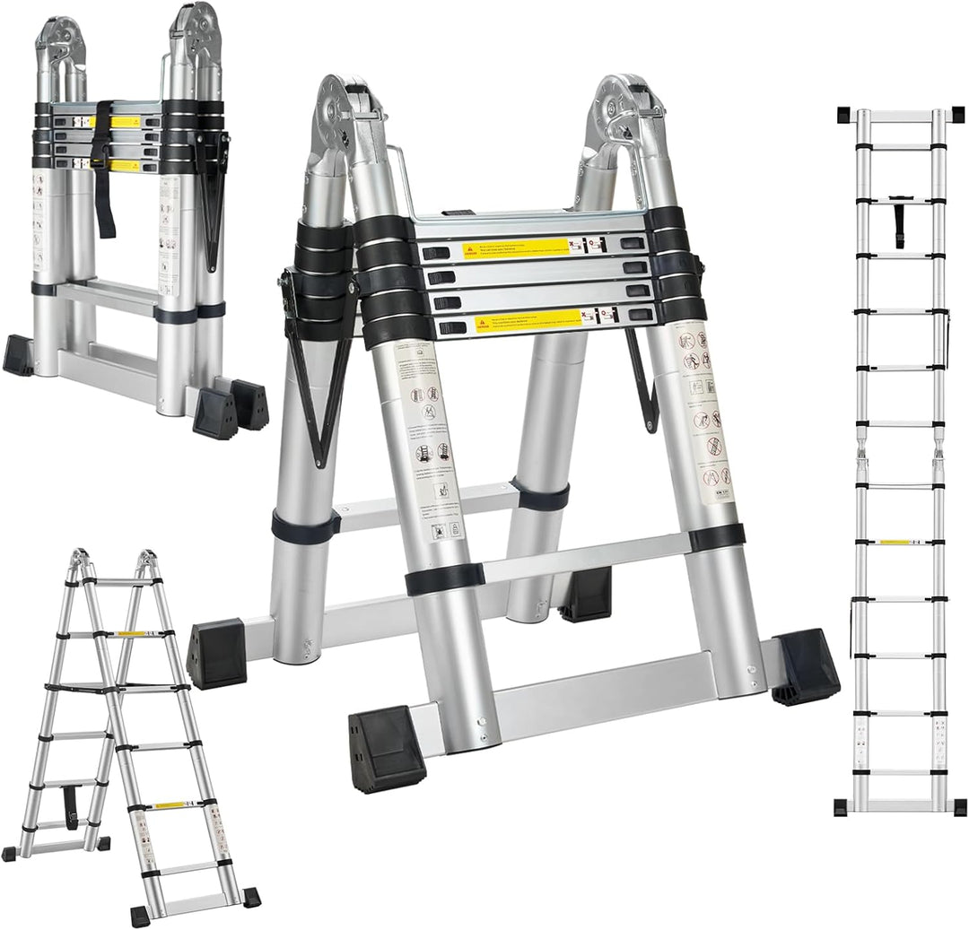 STANEW Teleskopleiter 3,8 m (1,9 + 1,9), Klappleiter, 2-in-1, Teleskopleiter aus Aluminium, Klapplei