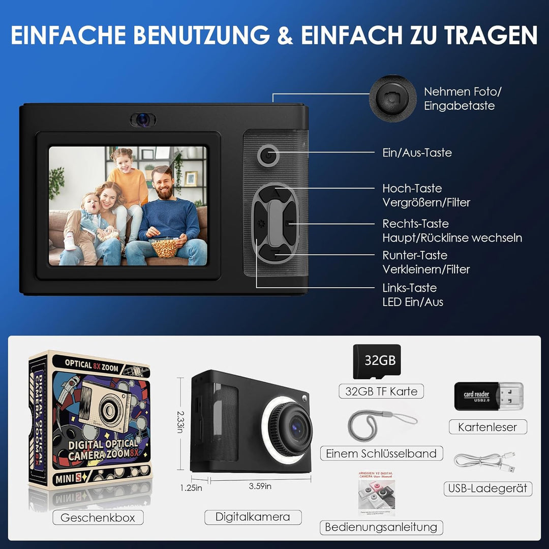 Digitalkamera, ARNSSIEN 1080P Kinderkamera, 2,4" 16LED Licht 40MP mit 8 Zoom Kamera Fotokamera, Komp