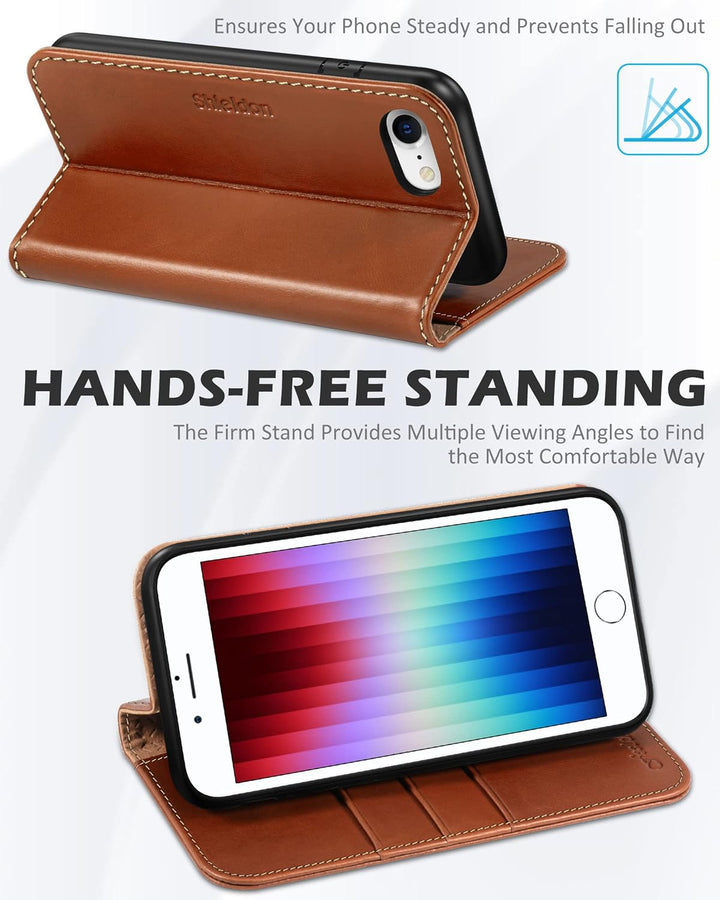 SHIELDON Hülle für iPhone SE 2022/iPhone 8 5G Handyhülle [Rindsleder] [Kartenfach] [Stand], Schutzhü