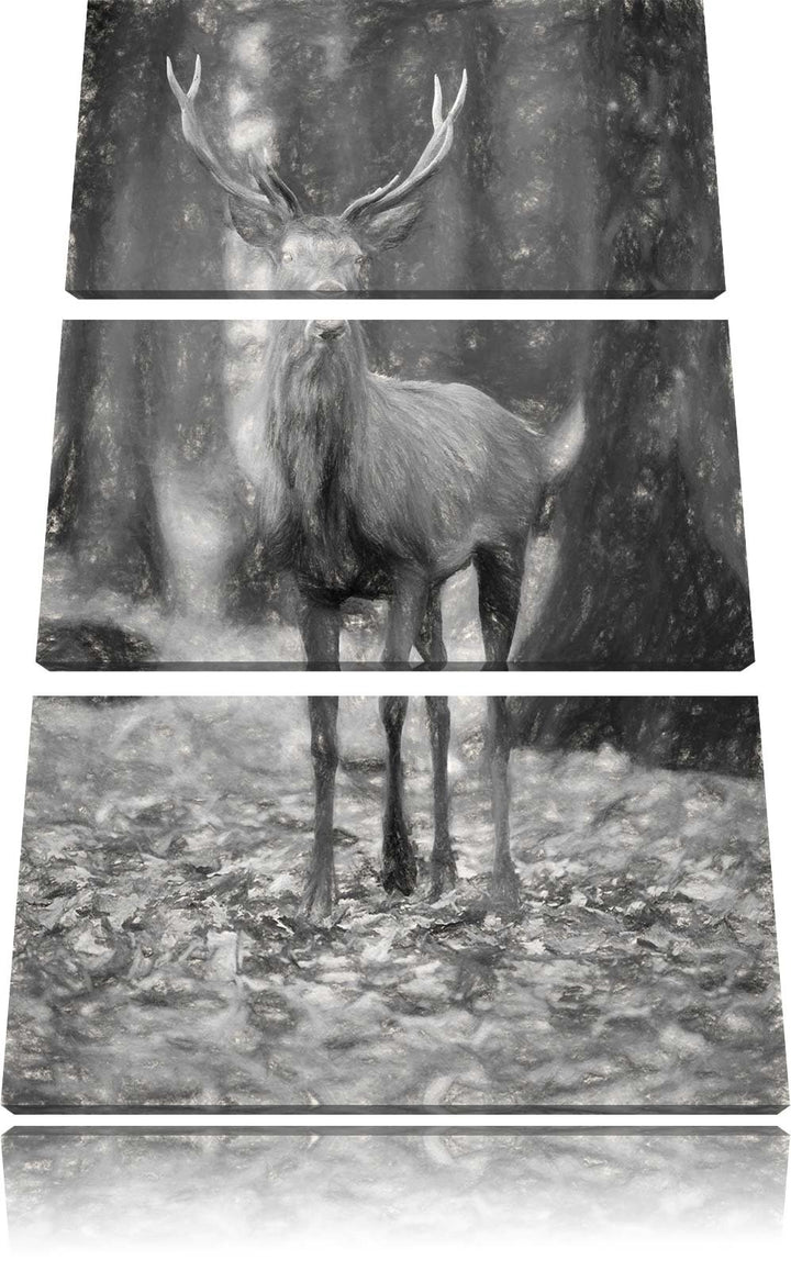 Pixxprint Schöner Hirsch im Wald als Leinwandbild/Grösse: 3 Teilig (120x80) cm/Wandbild/Kunstdruck/f