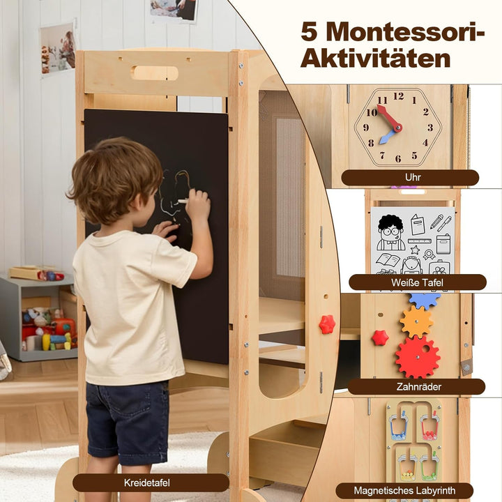 Lernturm ab 1 jahr, 5 in 1 Multifunktional Lernturm für Kinder, Montessori Learning Tower mit Tafel,