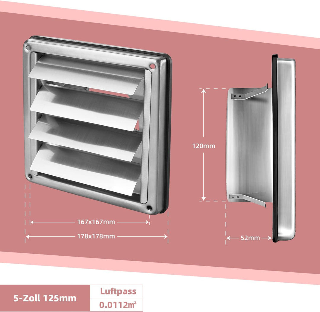 Edelstahl Wetterschutzgitter Lüftungsgitter 100mm 125mm 150mm bewegliche Lamellen, 125mm