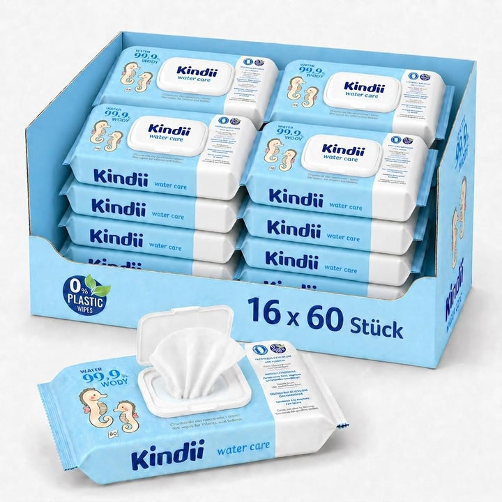 Baby Feuchttücher 99,9% Wasser - Kindii Water Care - 100% Viskose Wasserbasis Wipes 100% Biologisch