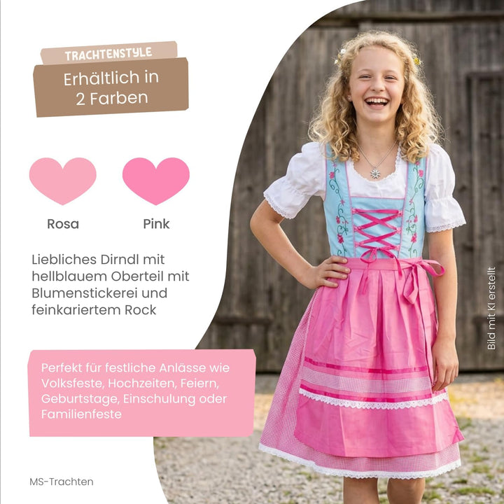 Kinder Dirndl Kinderdirndl Trachtenkleid Elise rosa hellblau pastell 3 teilig 116 Hellrosa, 116 Hell