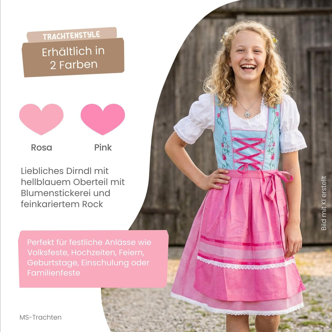 MS-Trachten Kinder Dirndl Kinderdirndl Trachtenkleid Elise rosa hellblau pastell 3 teilig 104 Hellro