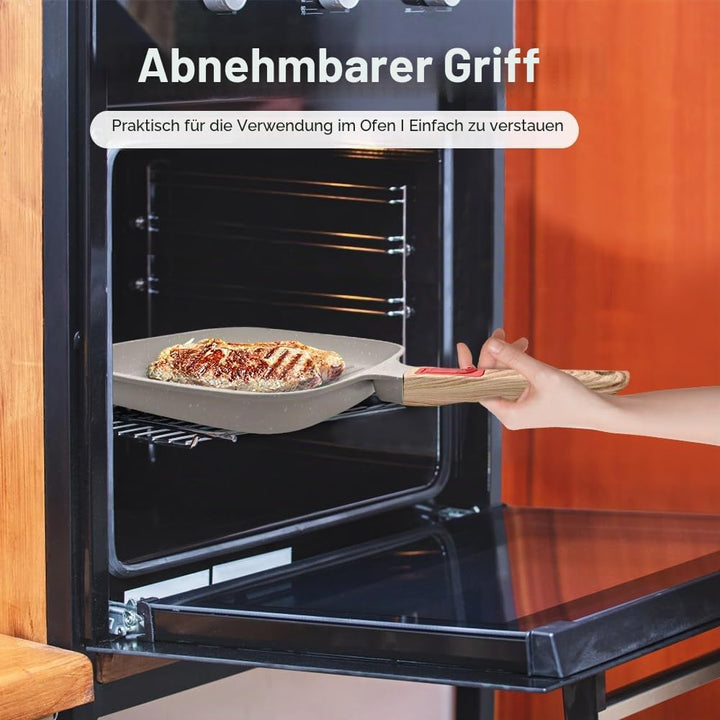 Grillpfanne Induktion mit Abnehmbarer Griff, 26 x 24 cm Steakpfanne mit Deckel Antihaft Beschichtet