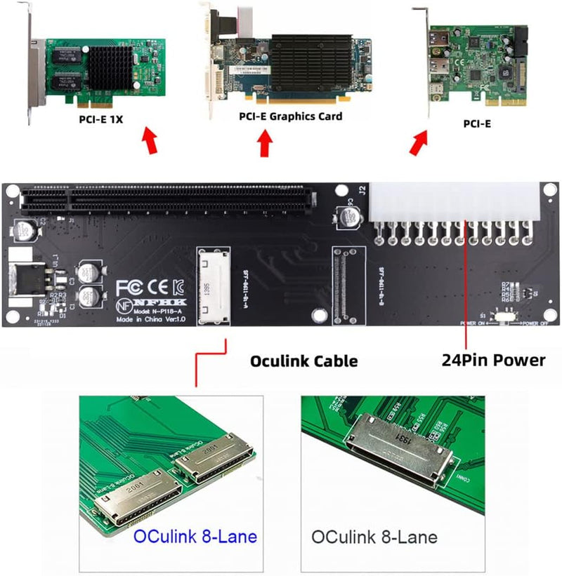 NFHK 8X Oculink SFF-8612 8611 auf PCIE PCI-Express 16x Adapter mit ATX 24pin Power Port für Mainboar