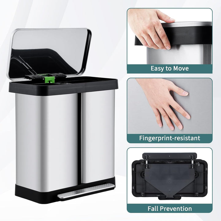 Mülleimer Küche,2 x 36 L Mülltrennsystem Edelstahl Mülleimer 2 fächer tretmülleimer Doppeldeckel mül