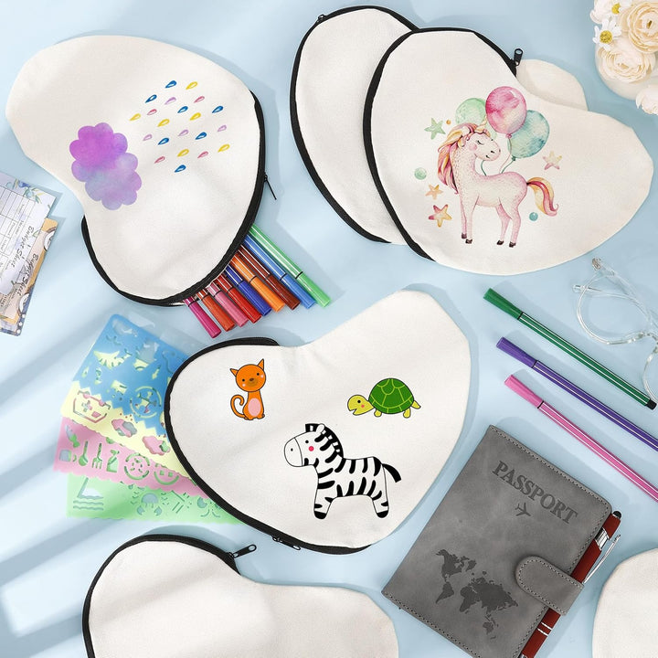 10 Herzförmige Stoffbeutel zum Bemalen, DIY Federmäppchen mit 12 Buntstiften und 4 Malschablonen