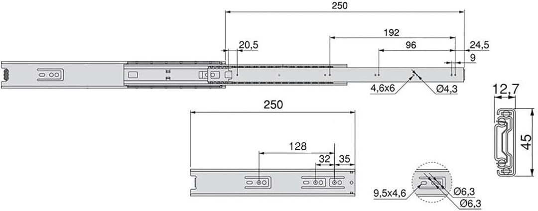 Emuca - Schubladenschienen kugellager 45mm x 250mm, Set aus 5 Paar aus schubladenauszug Vollauszug,