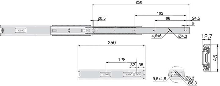 Emuca - Schubladenschienen kugellager 45mm x 250mm, Set aus 5 Paar aus schubladenauszug Vollauszug,