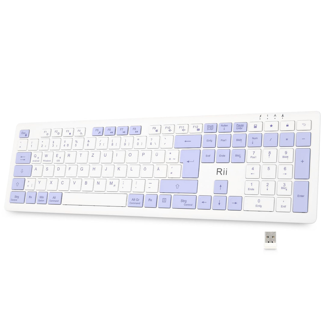 Rii Tastatur Kabellos Büro, Wireless Keyboard Office mit QWERTZ, Kabellose Tastatur Weiss mit 2.4GHz