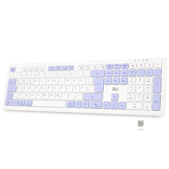Rii Tastatur Kabellos Büro, Wireless Keyboard Office mit QWERTZ, Kabellose Tastatur Weiss mit 2.4GHz