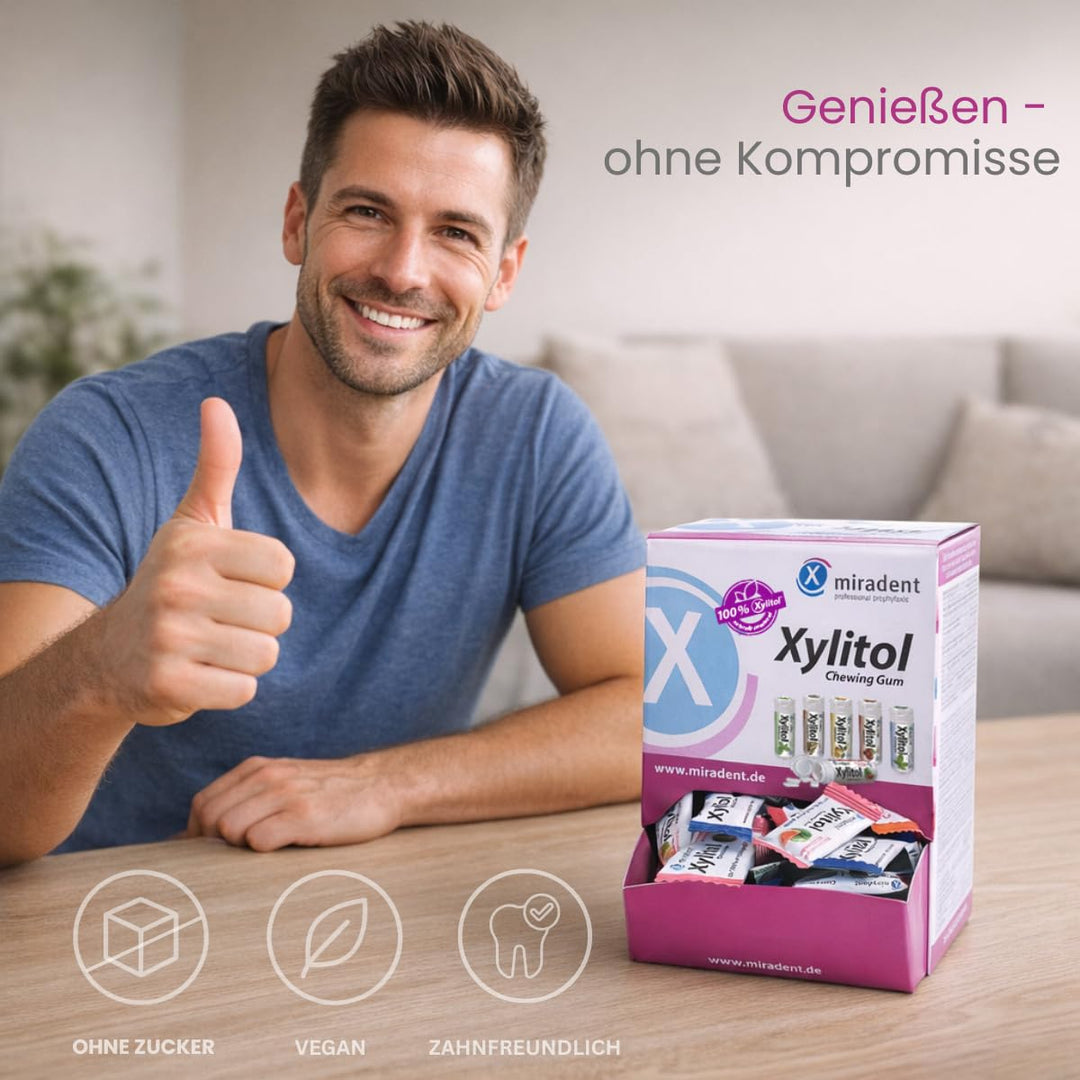 miradent Xylitol Kaugummi Schüttbox | 200x Veganes Xylit Kaugummi | Zahnpflegekaugummi für Kinder &