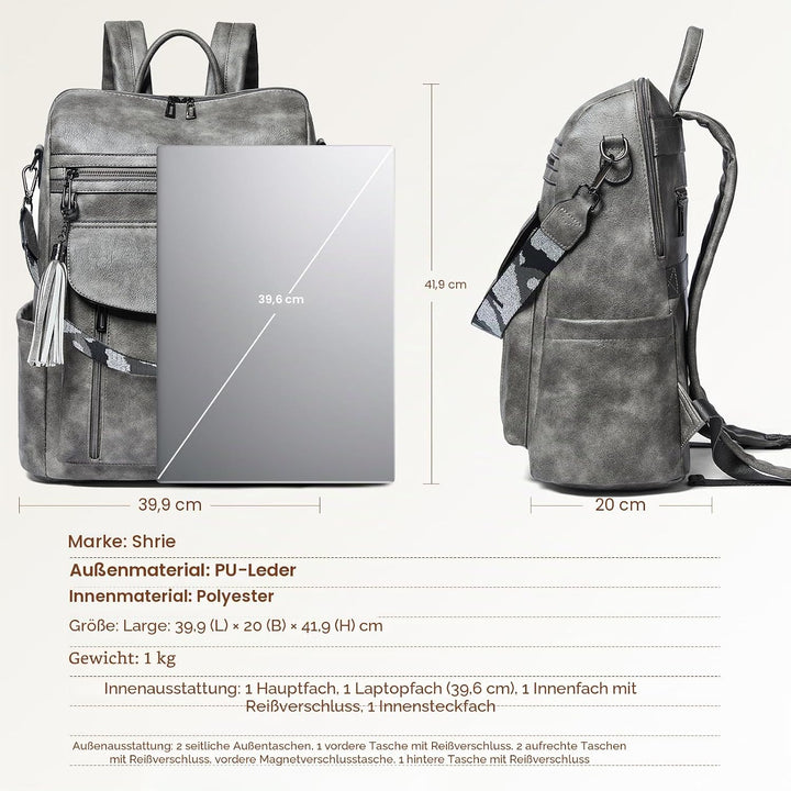 Shrrie Laptop-Rucksack für Damen, 15,6 Zoll Reise-Rucksack aus Leder, Handgepäck-Rucksack Computerta