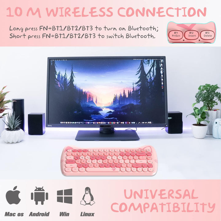 ZIYOU LANG 3060i Wireless Cute Computer Tastatur, Lovely Cat Retro Silent Slim Bluetooth Tastatur, R