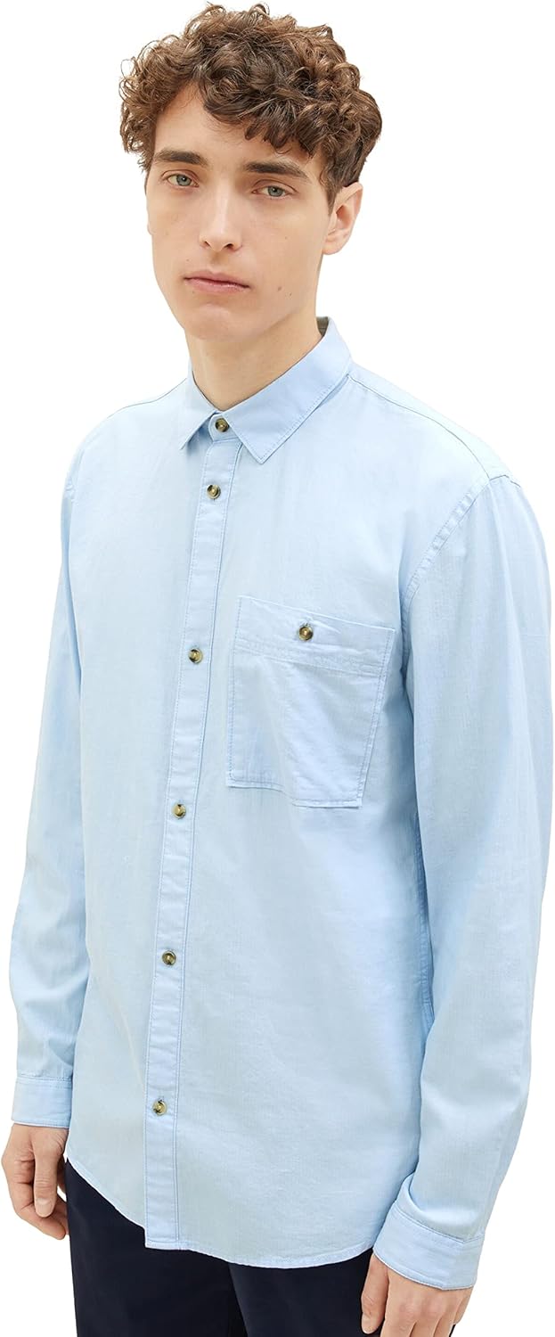 TOM TAILOR Denim Herren Denim Regular Fit Twill Hemd aus Baumwolle, 32345 - Middle Blue Mini Herring