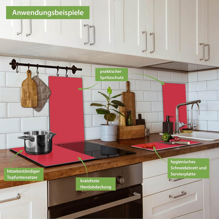 banjado® Herdabdeckplatte Glas 2-teilig je 30x52 cm/Schneidebrett Herdabdeckung mit Motiv Feuerrot/H