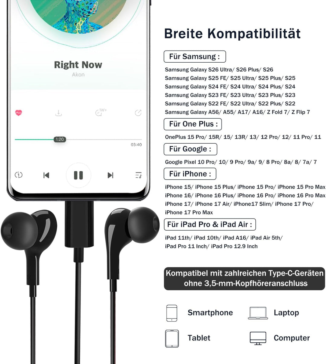 USB C Kopfhörer mit Mikrofon,In-Ear Kopfhörer für Samsung Galaxy S24 S23 Ultra S22 S21 S25 FE A56 A5