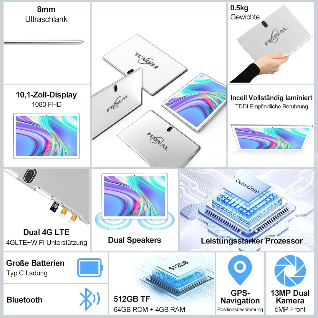 2024 Neueste Tablet 10 Zoll Android 13, 4G LTE Tablets Mit 2 SIM 1 SD, 3-in-1 Tablet Mit Tastatur Ma