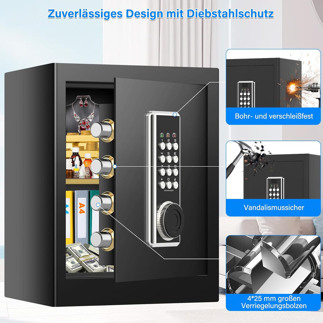 45L Grosser Feuerfester Tresor Safe mit Feuersichere Dokumententasche, Digitaler Möbeltresore mit 2